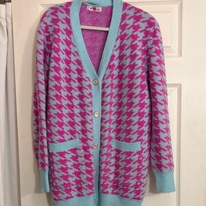 Stylish Houndstooth Cardigan in Pink and Blue